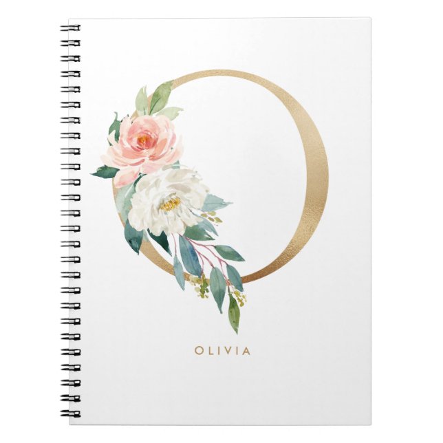 Caderno Espiral Bonito Faux Gold Foil Floral - Letra O Monograma (Frente)