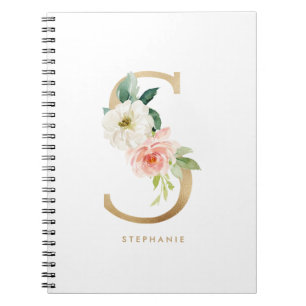 Caderno Espiral Bonito Faux Gold Foil Floral - Letra S Monograma