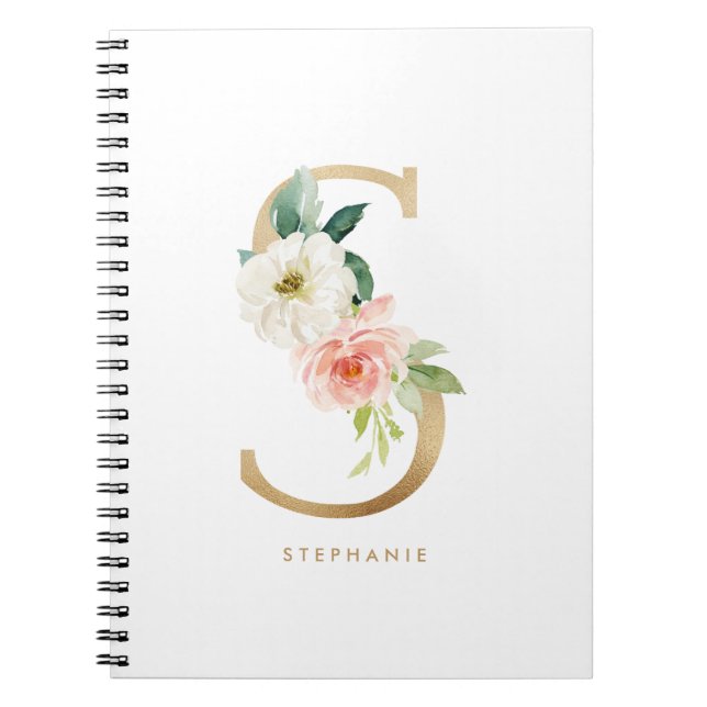 Caderno Espiral Bonito Faux Gold Foil Floral - Letra S Monograma (Frente)