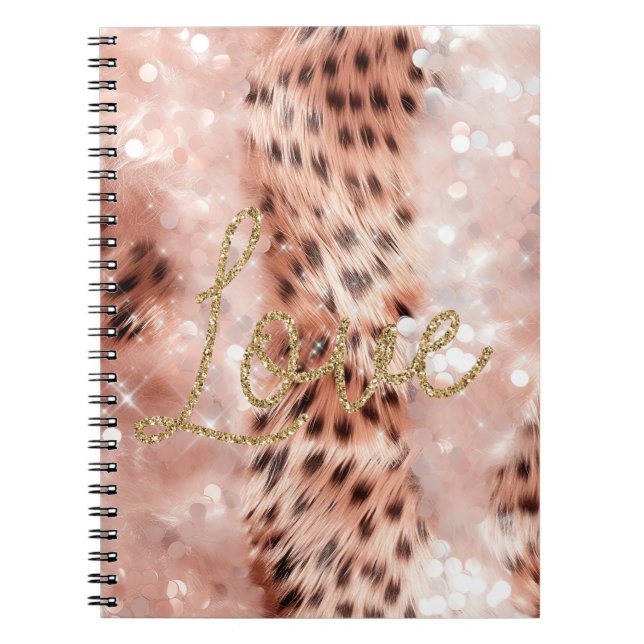 Caderno Espiral Bonito Garota-Rosa Dourada Leopard Bokeh (Frente)