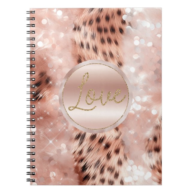 Caderno Espiral Bonito Garota-Rosa Dourada Leopard Bokeh (Frente)