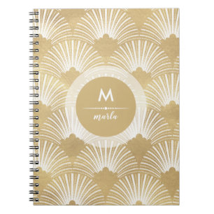 Caderno Espiral Bonito padrão art-deco em ouro e branco