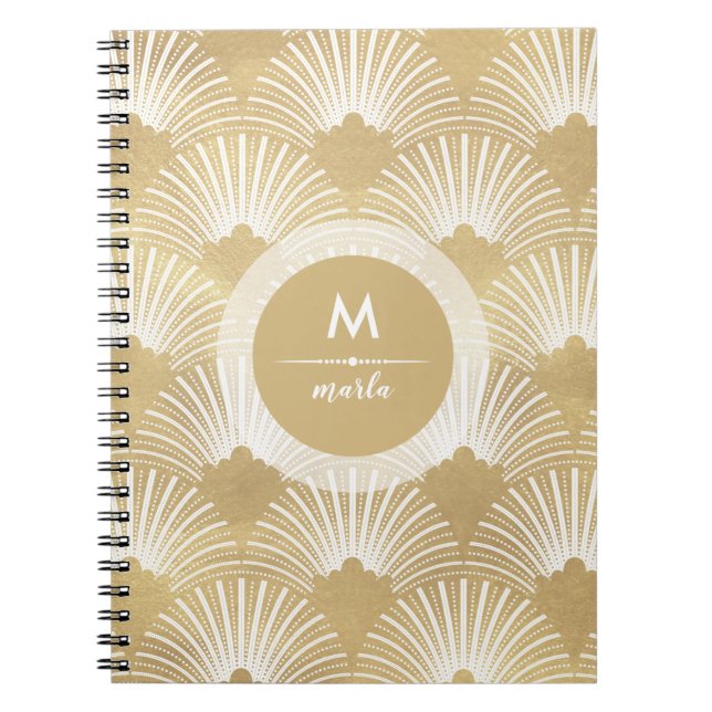 Caderno Espiral Bonito padrão art-deco em ouro e branco (Frente)