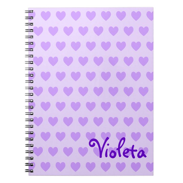 Caderno Espiral Bonito padrão cardíaco personalizado roxo (Frente)