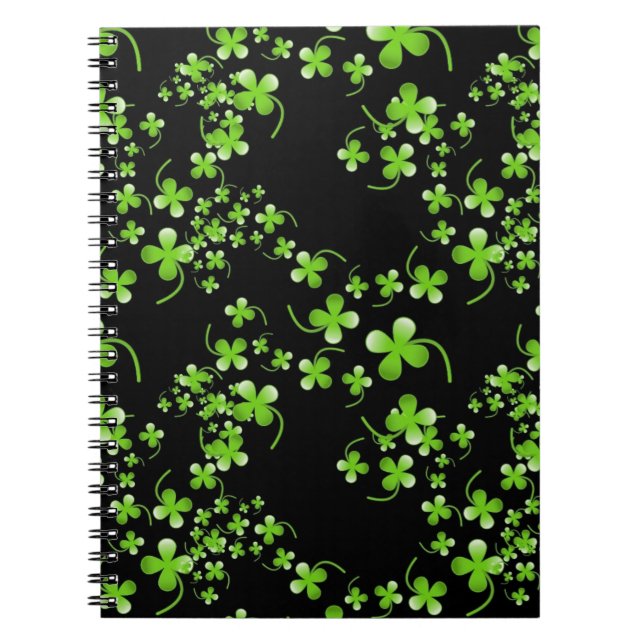 Caderno Espiral Bonito padrão Shamrock, verde no acessório preto (Frente)