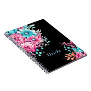 Caderno Espiral Bonito Preto com Florais de Aquarela Rosa e Turque