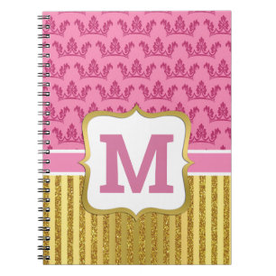Caderno Espiral Bonito princesa rosa e riscas brilhantes Douradas