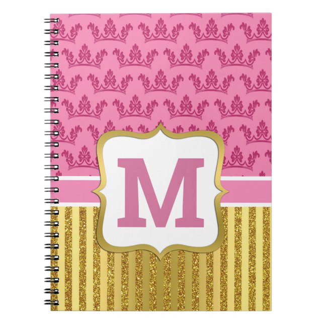 Caderno Espiral Bonito princesa rosa e riscas brilhantes Douradas (Frente)