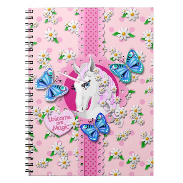 Caderno Espiral Bonito Unicórnio a rosa com o Bolinhas Notebook (Frente)
