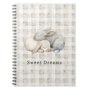 Caderno Espiral Bonitos Coelhinhos Adormecidos Xadrez Creme Cinza