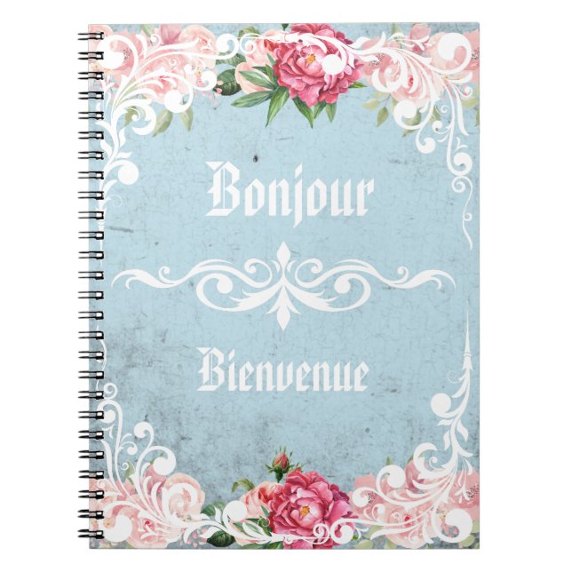 Caderno Espiral Bonjour Bienvenue Frenchage Romântica Rosas (Frente)