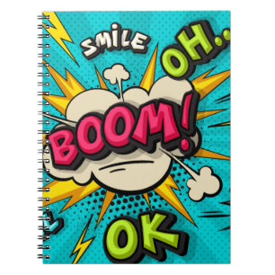 Caderno Espiral Boom a bolha da nuvem de pop. Sorria, uau, pow, le