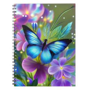 Caderno Espiral Borboleta Azul Brilhante no Jardim das Fadas
