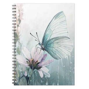 Caderno Espiral Borboleta Azul-Mint Floral Pastel Suave
