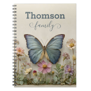 Caderno Espiral Borboleta Azul Vintage Floral Jardim Família