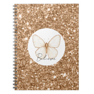 Caderno Espiral Borboleta Branca Brilho Falso Dourado  