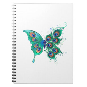 Caderno Espiral Borboleta com Penas de Pavão Verde