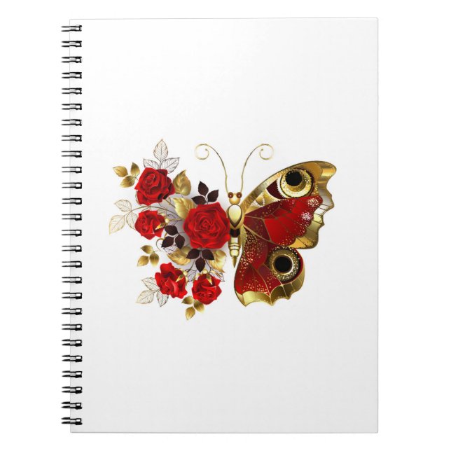 Caderno Espiral Borboleta de flor vermelha com rosas vermelhas (Frente)