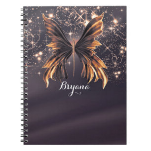 Caderno Espiral Borboleta Fantasia Brilho Dourado