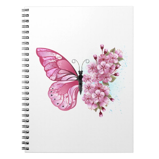 Caderno Espiral Borboleta Flor com Sakura Rosa (Frente)