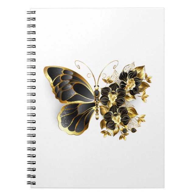 Caderno Espiral Borboleta Flor Dourada com Orquídea Preta (Frente)