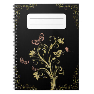 Caderno Espiral Borboleta Floral Preta e Dourada Elegante