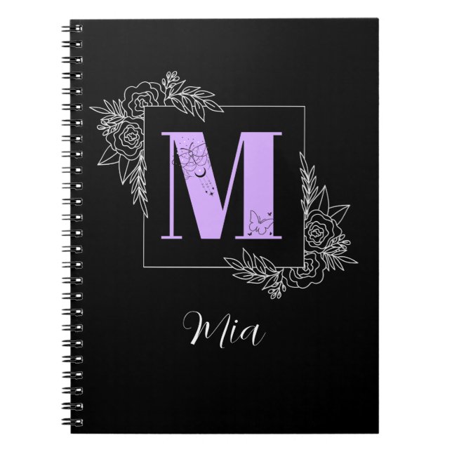 Caderno Espiral Borboleta Floral Púrpura Monograma Personalizado - (Frente)