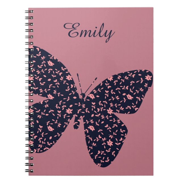 Caderno Espiral Borboleta Floral Rosa e Violeta Personalizada (Frente)