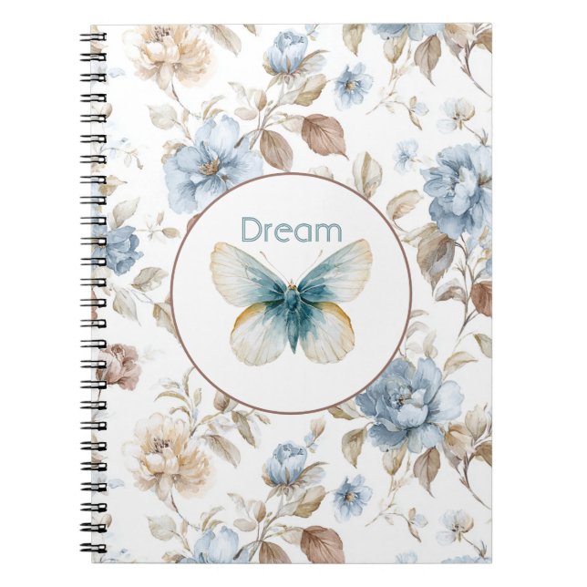 Caderno Espiral Borboleta Flores Marrom Bege Creme Azul (Frente)