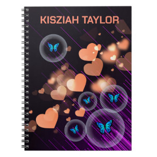Caderno Espiral Borboleta Meninas Neon Roxo Coração Fofo Nome Pers