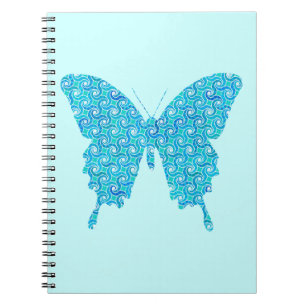Caderno Espiral Borboleta, padrão em azul, turquesa, branco