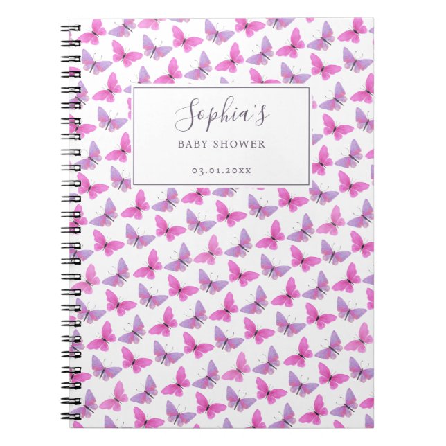 Caderno Espiral Borboleta Púrpura Rosa Watercolor Guestbook (Frente)