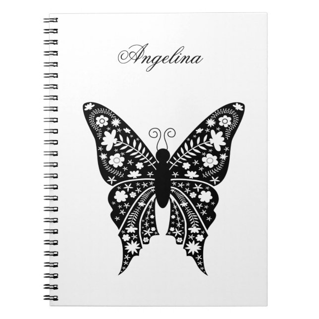 Caderno Espiral Borboleta Simples Nome Preto e Branco (Frente)