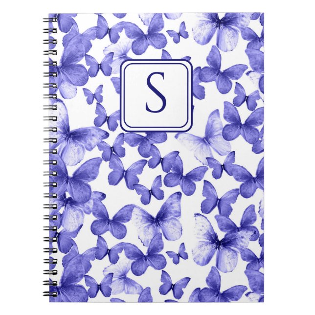 Caderno Espiral Borboletas Azuis Monograma Personalizado Elegante  (Frente)