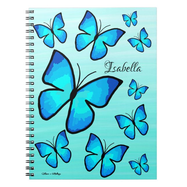 Caderno Espiral Borboletas Azuis, Pintadas manualmente (Frente)