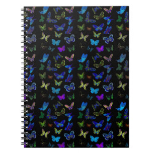 Caderno Espiral Borboletas azuis sobre preto