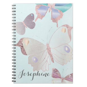 Caderno Espiral Borboletas Azul-Rosa Douradas Rosa