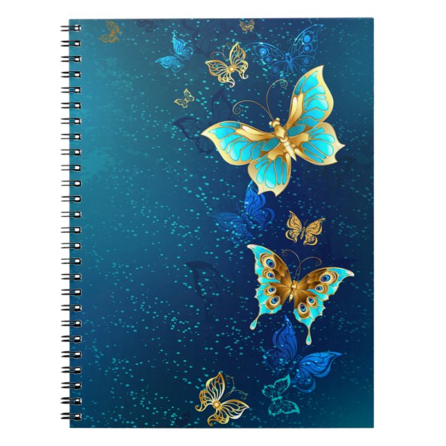 Caderno Espiral Borboletas de ouro em um fundo azul (Frente)