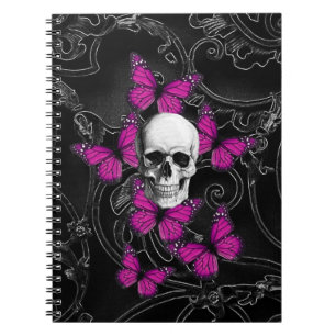 Caderno Espiral Borboletas do crânio da fantasia e do rosa quente