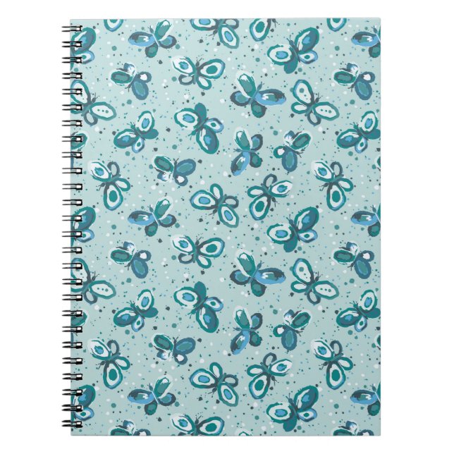 Caderno Espiral Borboletas Doodle Bugs - azul - padrão contínuo. (Frente)