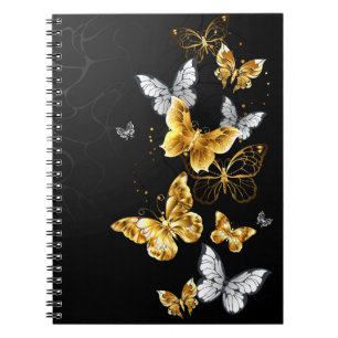 Caderno Espiral Borboletas Douradas e brancas