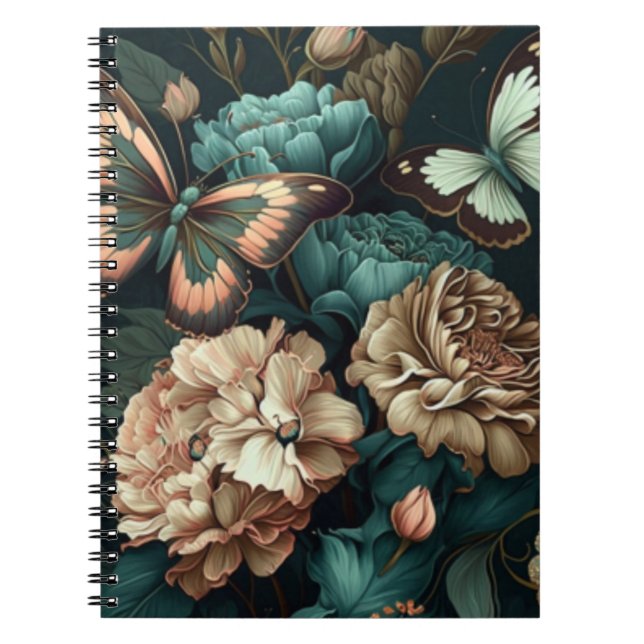 Caderno Espiral Borboletas e flores design clássicas escuras (Frente)