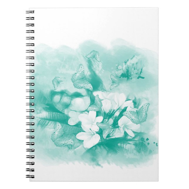 Caderno Espiral Borboletas e flores verde-marinhas (Frente)