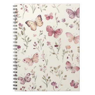 Caderno Espiral Borboletas Florais Creme Roxo