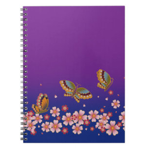 Caderno Espiral Borboletas japonesas no meio de Sakura floresce