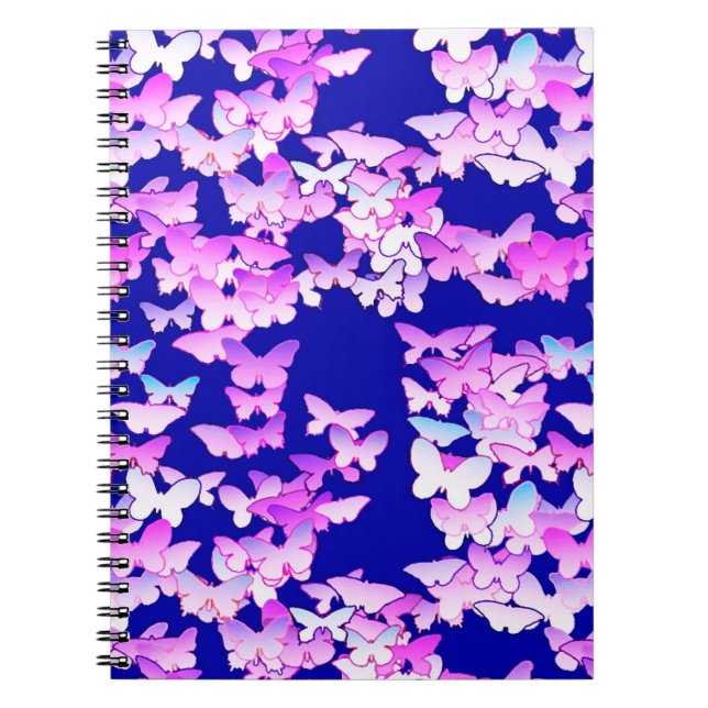 Caderno Espiral Borboletas, lavanda e azul escuro (Frente)