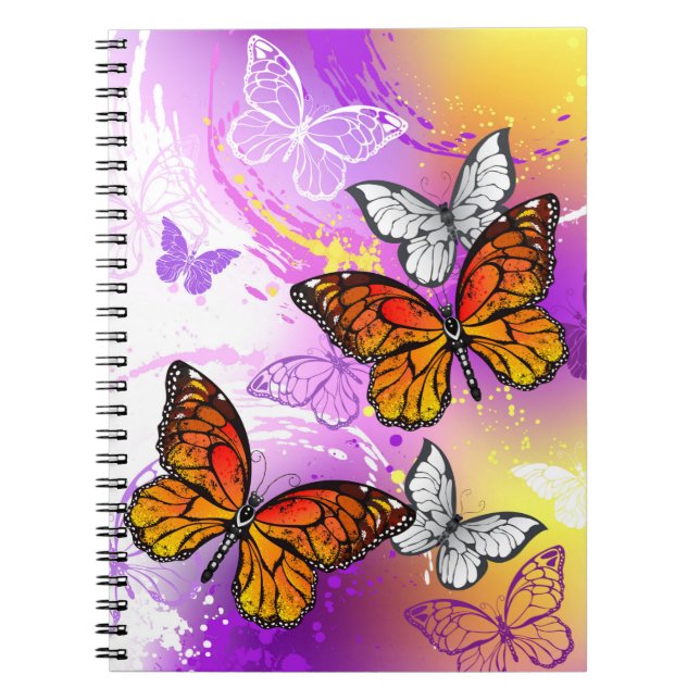 Caderno Espiral Borboletas Monarcas em Fundo Roxo (Frente)