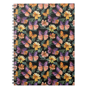 Caderno Espiral Borboletas Rosa Roxo Flores Amarelas