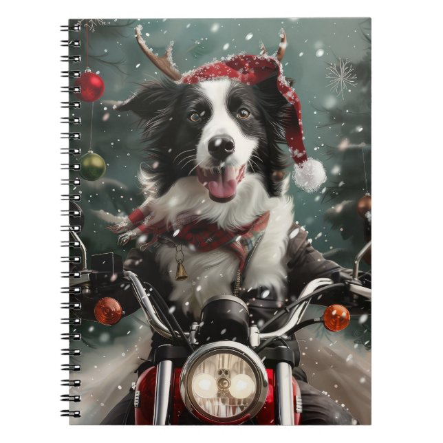 Caderno Espiral Borda Collie Cog Andando na Moto Natal (Frente)