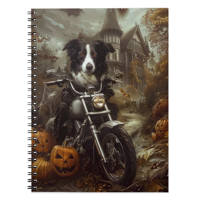 Caderno Espiral Borda Collie Dirigindo Motocicleta Assustando Hall (Frente)